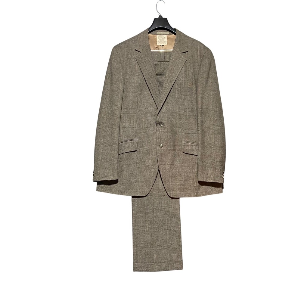 Vintage Alexanders Brown Glen Plaid Men's Suit 46L Made in Holland Trevira Wool